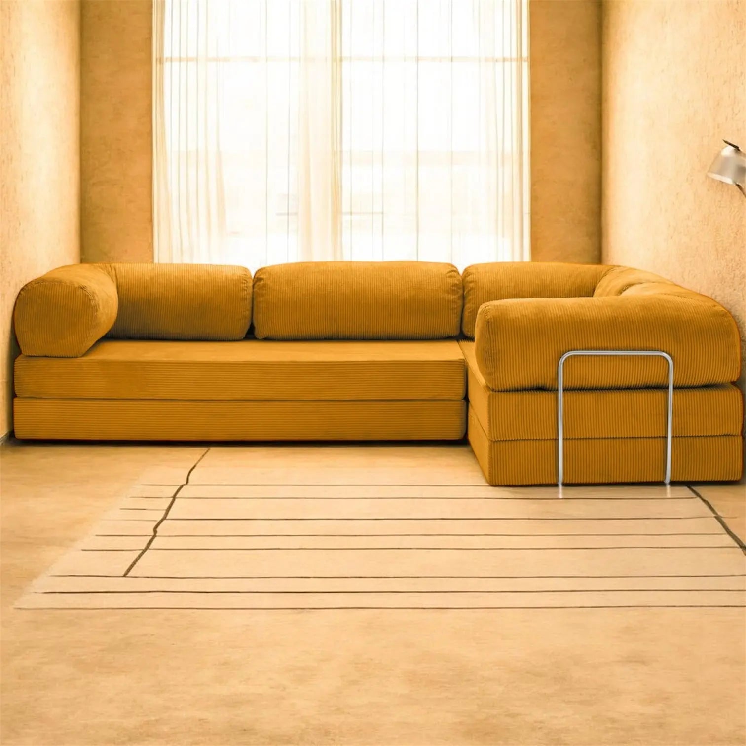 Canapé convertible d'angle modulable mandarine en velours côtelé pour salon moderne Image