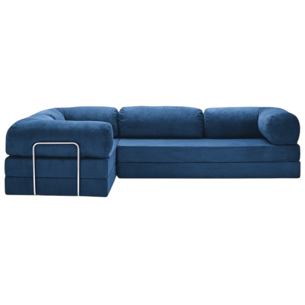Canapé d'angle modulable ZENORA bleu en velours côtelé, convertible 