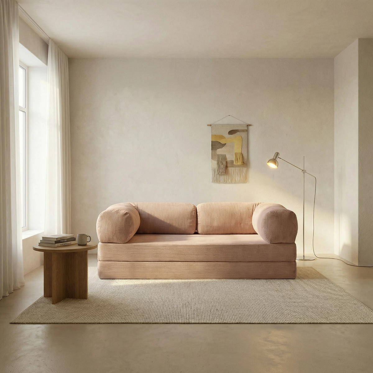 Canapé lit modulable ZENORA rose poudré design épuré, convertible 200x100cm.